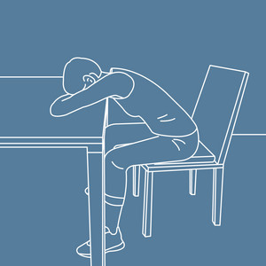 Graphic depiction of a person sitting on a chair with their arms on the table in front of them and their head resting on it