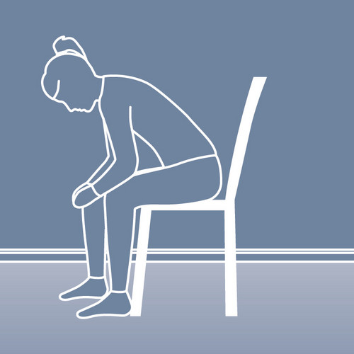 Schematic representation of a person sitting on a chair, leaning forwards and resting their elbows on their knees