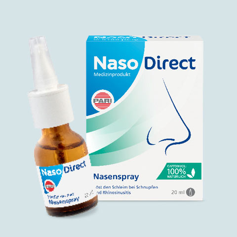 Sprühflasche und Verpackung von NasoDirect Nasenspray von PARI