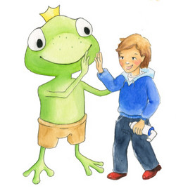 Spacer inhalation with children: Boy and frog