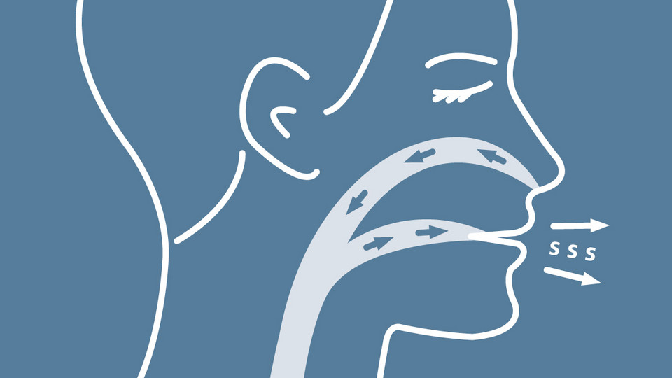 Bewusstes Atmen zur Beruhigung bei aufsteigendem Asthmaanfall Grafische Darstellung eines Kopfes in Seitenansicht mit Darstellung des Wegs der Atemluft