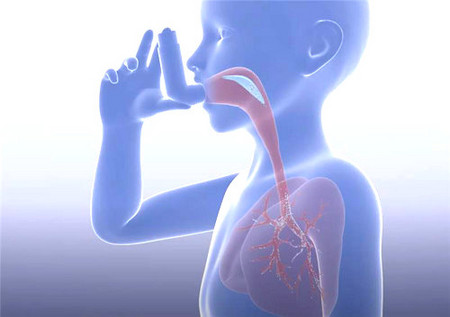 Human inhales asthma inhaler without spacer, schematic representation of the distribution of the aerosol