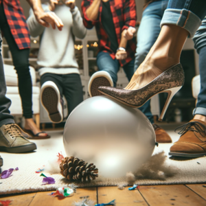 Nahaufnahme eines Fußes mit glitzerndem High Heel, der auf einem silbernen Luftballon steht