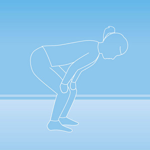 Schematische Darstellung eines Menschen, der sich im Stehen mit angewinkelten Knien nach vorne beugt und die Hände dabei auf den Knien abstützt