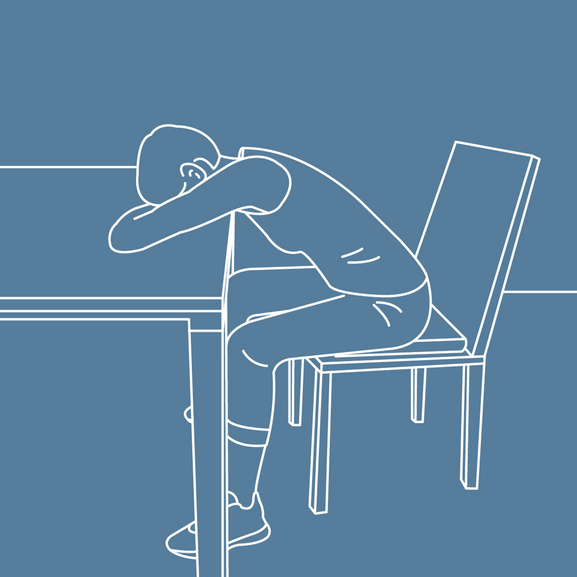 Grafische Darstellung einer Person, die auf einem Stuhl sitzt, die Arme vor sich auf den Tisch gelegt und den Kopf darauf abgelegt