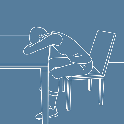 Graphic depiction of a person sitting on a chair with their arms on the table in front of them and their head resting on it