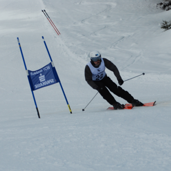 Ski-Sportler auf Slalom-Strecke neben Fahne