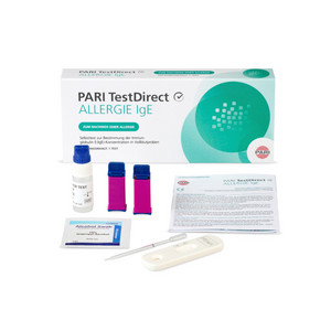 PARI TestDirect® ALLERGIE IgE Selbsttest Verpackung und einzelne Komponenten des Testkit in Nahaufnahme