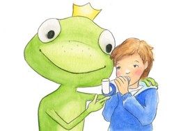 Großer Frosch unterstützt Jungen, der Asthma-Spray mit Spacer im Mund hat