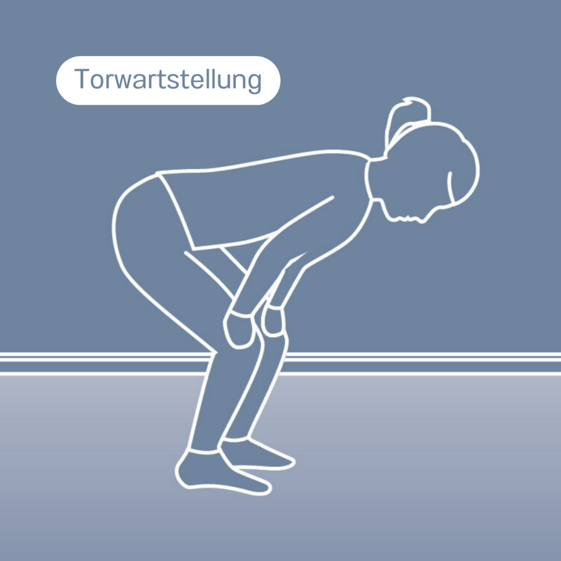 Schematische Darstellung eines Menschen, der sich im Stehen mit angewinkelten Knien nach vorne beugt und die Hände dabei auf den Knien abstützt