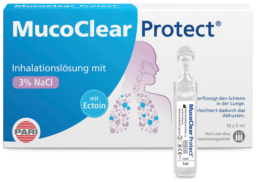 MucoClear Protect Produktabbildung – Die Abbildung zeigt im Vordergrund eine Ampulle mit MucoClear Protect. Im Hintergrund steht die handelsübliche Verpackung, die 10 Ampullen enthält.
