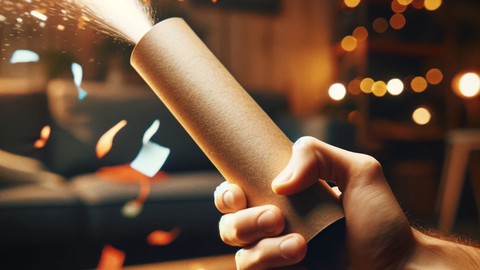 Nichts mit Böllern: Konfettikanone Nahaufnahme einer Hand, die eine explodierende Konfettikanone hält