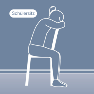 Schematische Darstellung eines Menschen, der verkehrt herum auf einem Stuhl sitzt, die Arme liegen auf der Stuhllehne, der Kopf auf den Armen