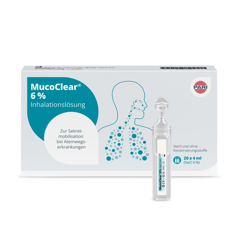 Illustration du produit – L'illustration montre au premier plan une ampoule contenant la solution pour inhalation MucoClear 6 %. À l'arrière-plan se trouve l'emballage disponible dans le commerce, qui contient 20 ampoules.