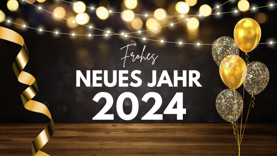 Grafik mit Luftballons, Lichtern und Luftschlange, in der Mitte steht: Frohes neues Jahr 2024