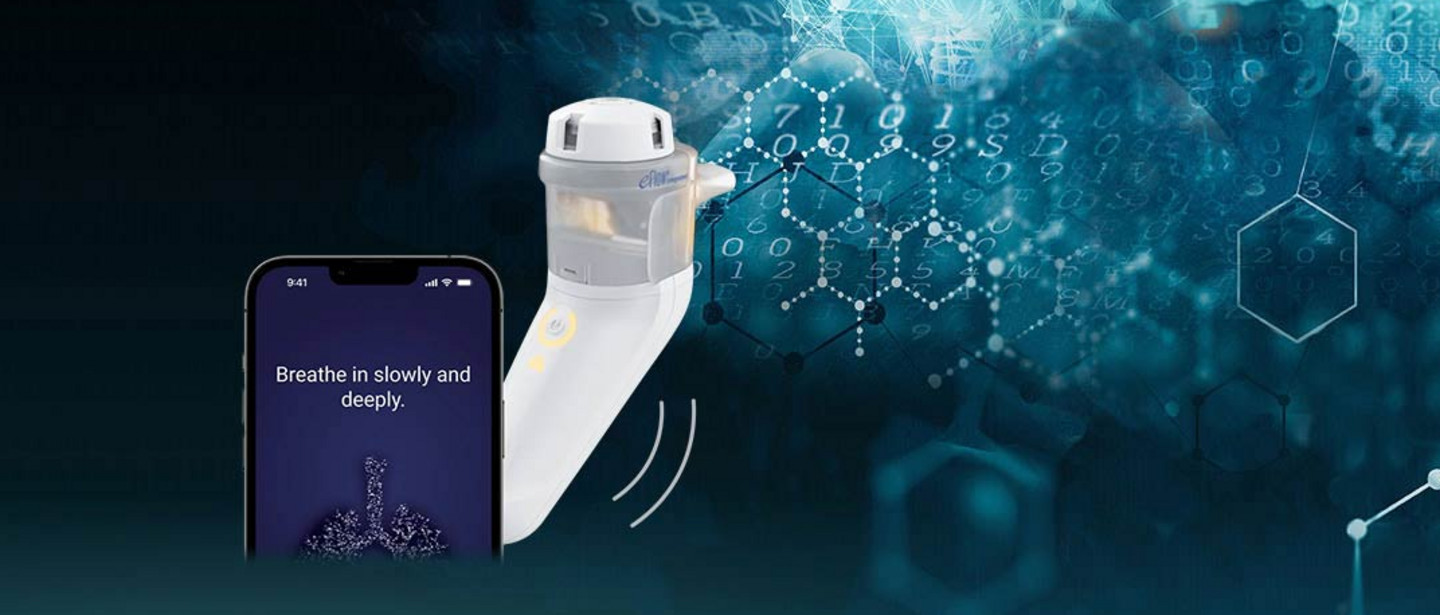 Usability and Patient Adherence A PARI inhaler and a smartphone displaying breathing instructions are overlaid with digital data, molecular structures, and abstract blue patterns.