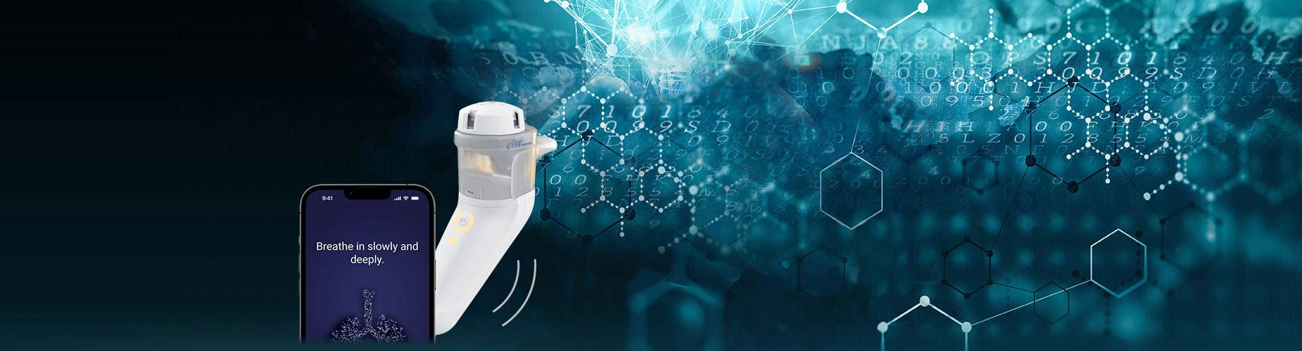 A PARI inhaler and a smartphone displaying breathing instructions are overlaid with digital data, molecular structures, and abstract blue patterns.