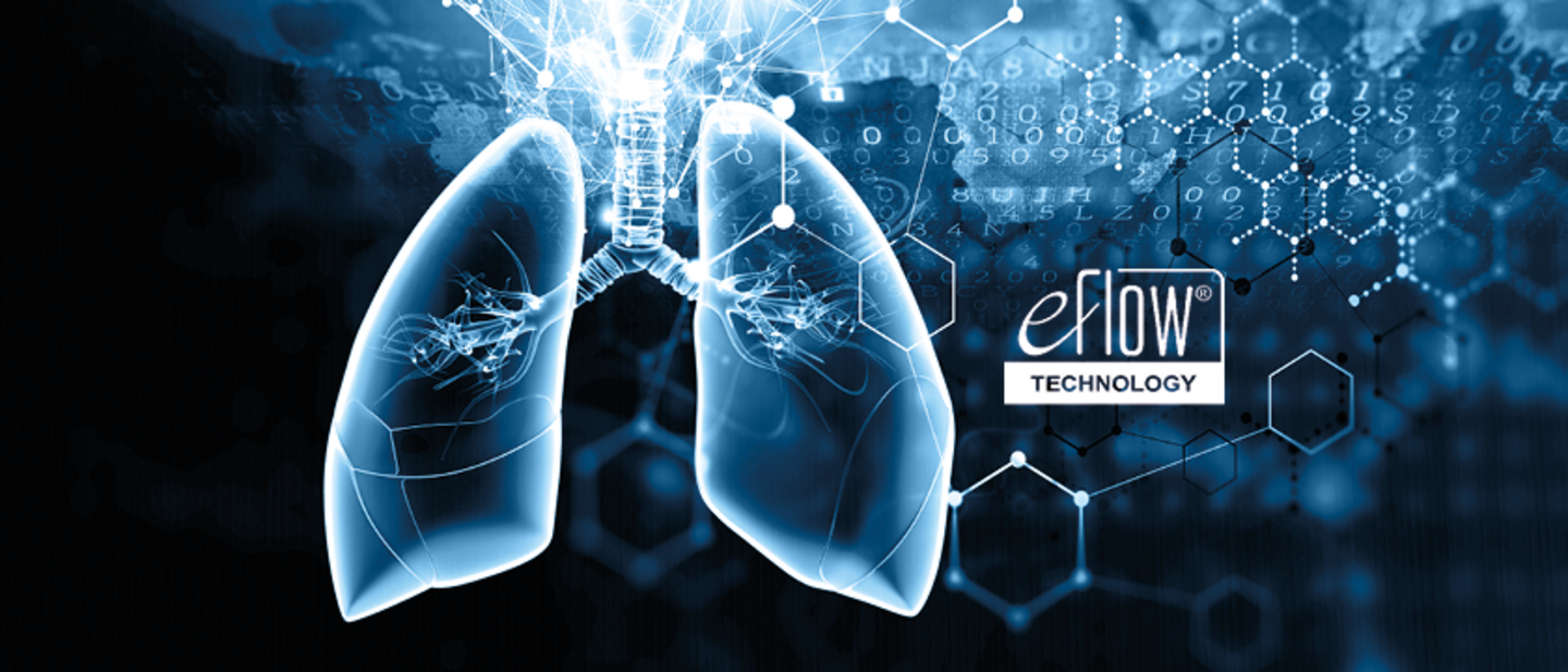Graphic representation of a human lung with technical elements and the logo ‘eFlow Technology’ in the background.