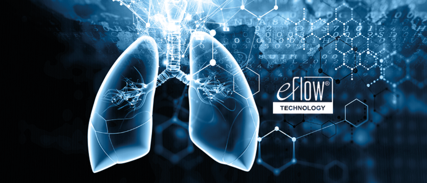 Digital illustration of lungs with connected data structures and technical graphics, featuring the eFlow® Technology logo.