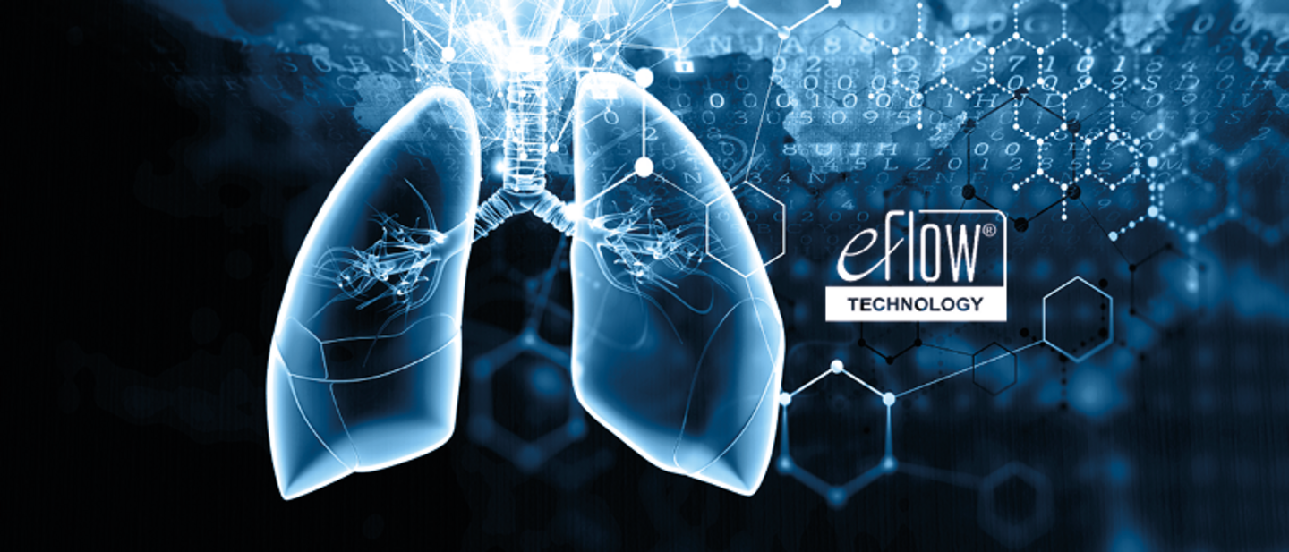 Graphic representation of a human lung with technical elements and the logo ‘eFlow Technology’ in the background.