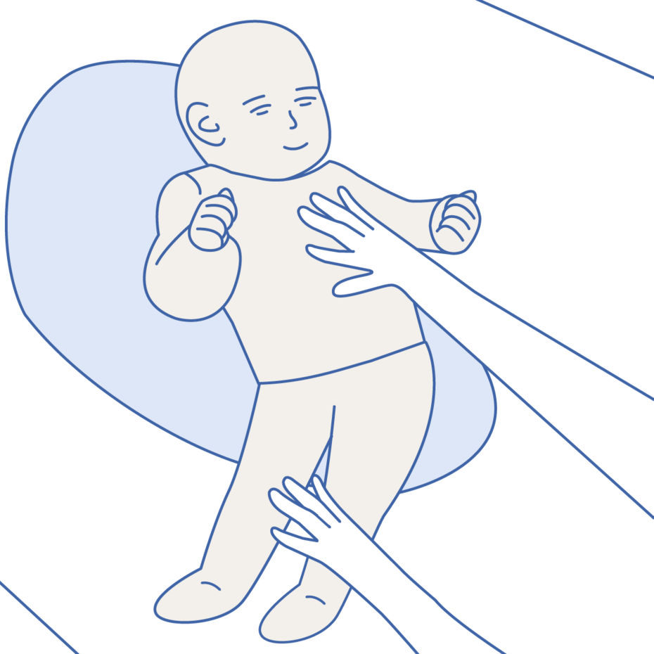 Grafik: Atemphysiotherapie mit Baby – Dehnung der Flanke in Rückenlage