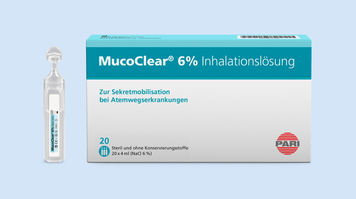 Produktabbildung – MucoClear &% Inhalationslösung – Hypertone Kochsalzlösung. Links neben der 20er Packung steht eine einzelne Ampulle