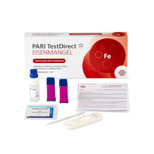 PARI TestDirect® EISENMANGEL Selbsttest Verpackung und einzelne Komponenten des Testkit in Nahaufnahme