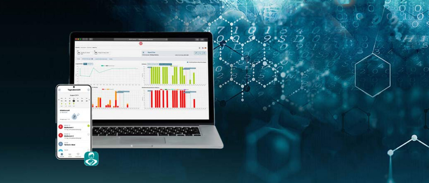 Mobile phone and laptop displaying data analytics dashboards over a digital background with hexagonal molecular structures and binary code, symbolizing healthcare technology and data analysis.