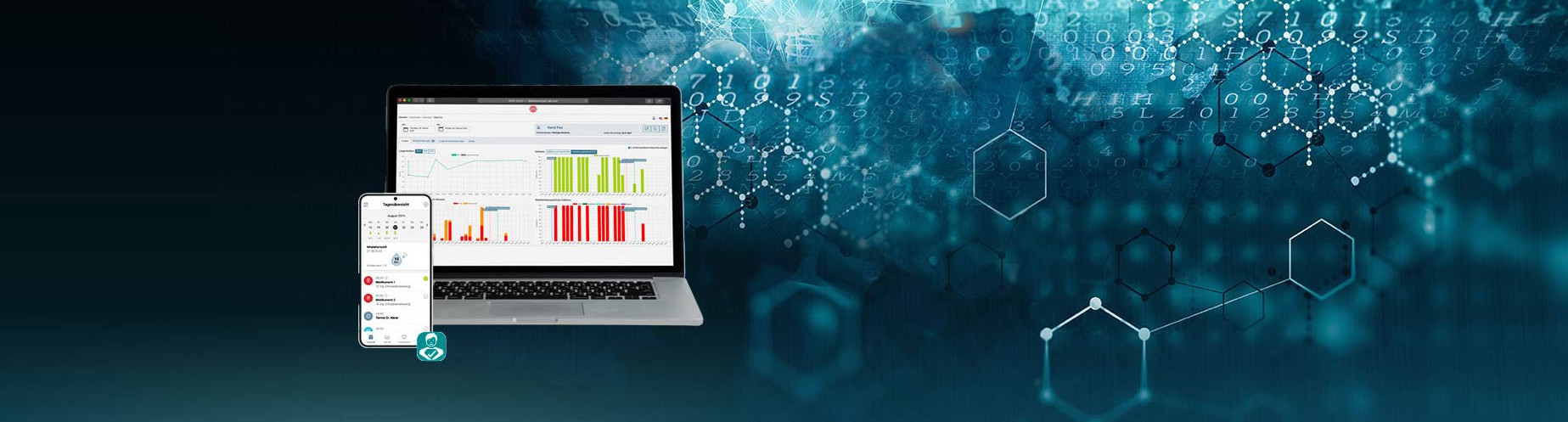 Mobile phone and laptop displaying data analytics dashboards over a digital background with hexagonal molecular structures and binary code, symbolizing healthcare technology and data analysis.