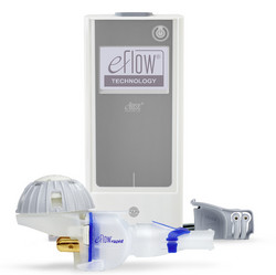 Produktabbildung – Die Abbildung zeigt das eFlow-rapid Inhalationssystem mit neuem eBase Controller und seiner Ausstattung, bestehend aus dem eFlow-rapid Vernebler und dem dazugehörigen Verneblerkabel.