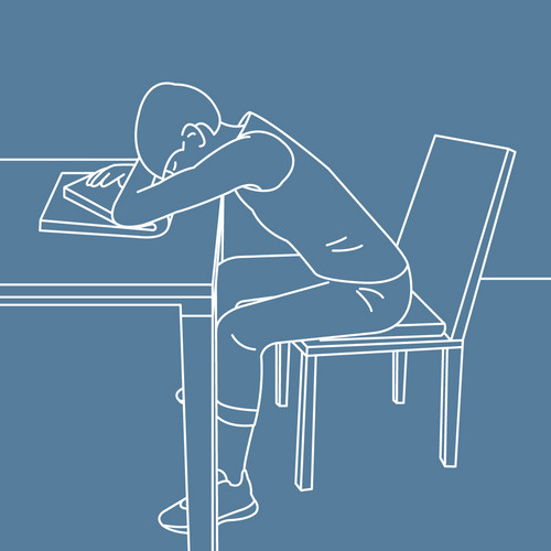Grafische Darstellung einer Person, die auf einem Stuhl sitzt, die Arme vor sich auf den Tisch auf einer Decke und den Kopf auf den Armen abgelegt