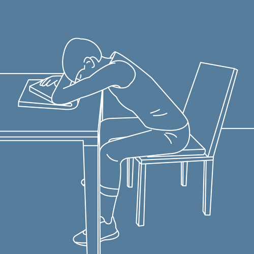 Graphic depiction of a person sitting on a chair, arms resting on a blanket on the table in front of them and head resting on their arms