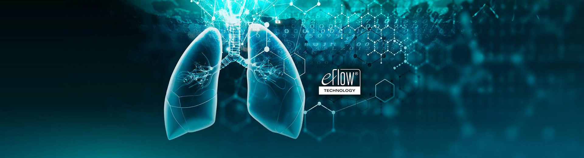Graphic representation of a human lung with technical elements and the logo ‘eFlow Technology’ in the background.