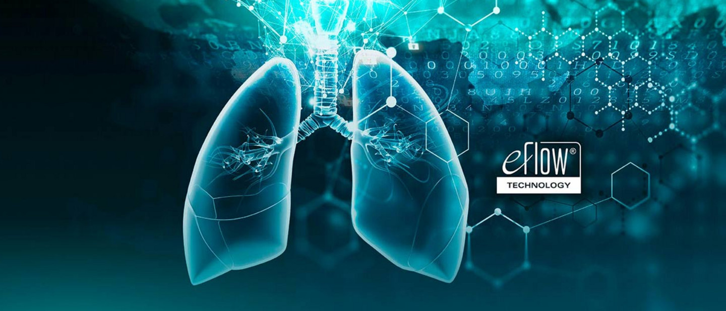 eFlow Technology – Partnering for pharmaceutical companies Graphic representation of a human lung with technical elements and the logo ‘eFlow Technology’ in the background.