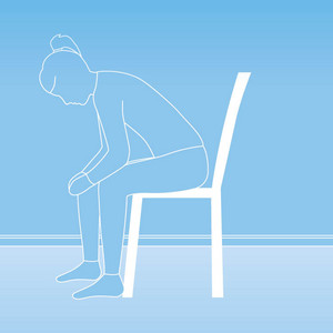 Schematic representation of a person sitting on a chair, bending forward and resting the elbows on the knees.