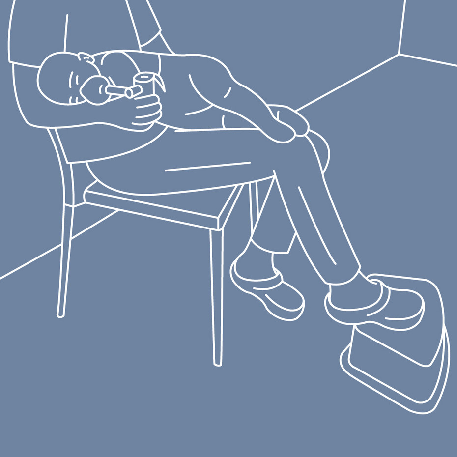 Graphic of a parent sitting on a chair, the baby lying sideways on their lap and inhaling