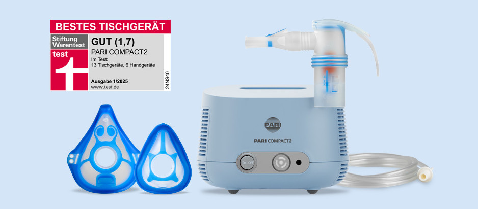 Produktabbildung – PARI COMPACT2 mit PARI LC SPRINT COMPACT Vernebler, PARI Babymaske soft, PARI Kindermaske soft, Mundstück universell und Stiftung Warentest Auszeichnung bestes Tischgerät GUT (1,7) 