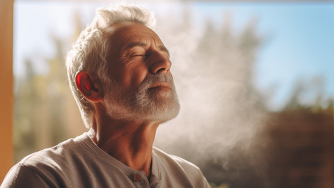 Älterer Mann atmet mit geschlossenen Augen durch die Nase tief ein
