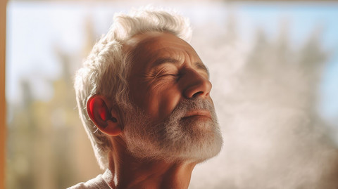 Elderly man breathing through his nose with closed eyes