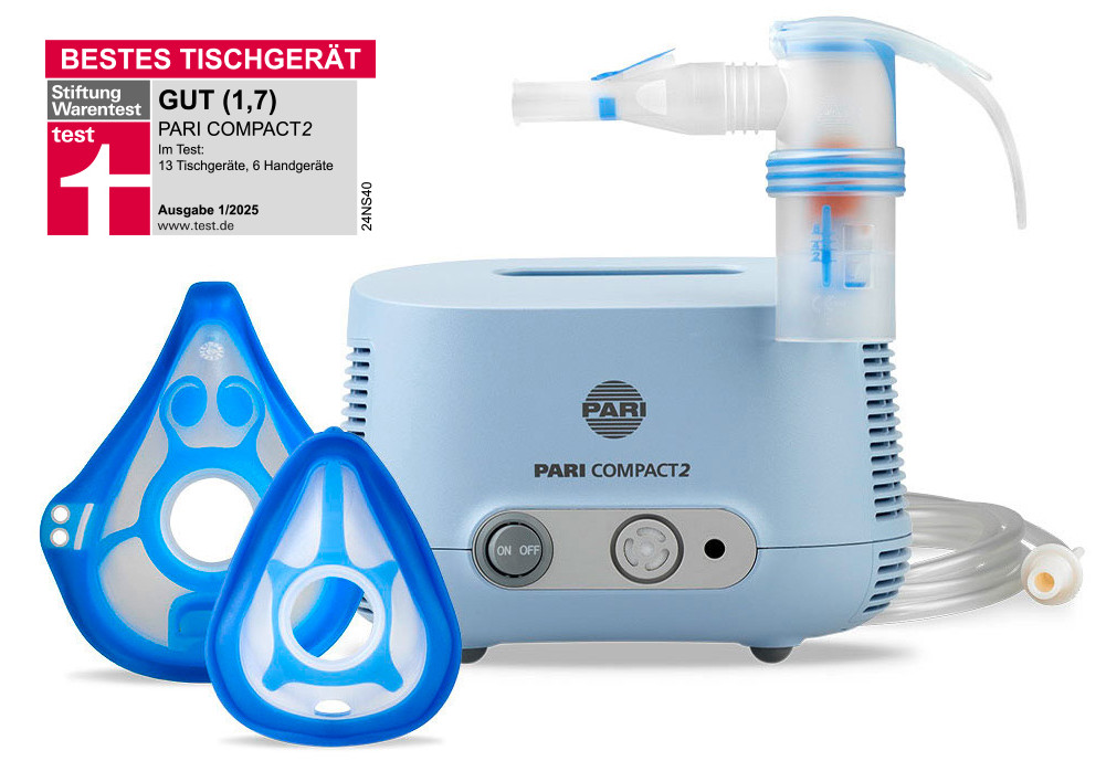 Produktabbildung – PARI COMPACT2 Inhaliergerät mit PARI LC SPRINT COMPACT Vernebler, PARI Babymaske soft, PARI Kindermaske soft, Mundstück universell, Anschlussschlauch und Stiftung Warentest Auszeichnung Bestes Tischgerät GUT (1,7).