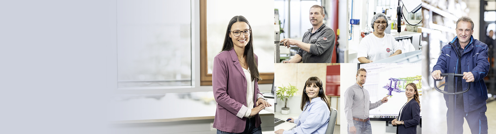 Collage von Mitarbeiterinnen und Mitarbeitern in verschiedenen Arbeitsbereichen eines Unternehmens – darunter Produktion, Logistik, Büro und Entwicklung.