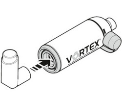Schematische Darstellung eines Spacers in den ein Asthmaspray geschoben wird