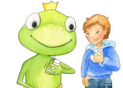 Big frog and boy shake asthma spray