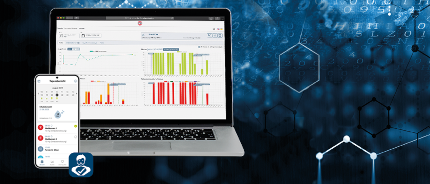 Mobile phone and laptop displaying data analytics dashboards over a digital background with hexagonal molecular structures and binary code, symbolizing healthcare technology and data analysis.