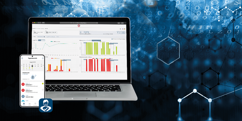 Mobile phone and laptop displaying data analytics dashboards over a digital background with hexagonal molecular structures and binary code, symbolizing healthcare technology and data analysis.
