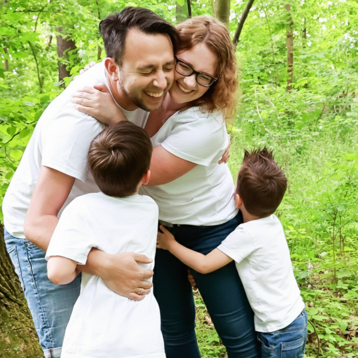 Kind mit Asthma: Wie funktioniert ein normales Leben? Familienfoto von Mutter, Vater und zwei Söhnen im Wald