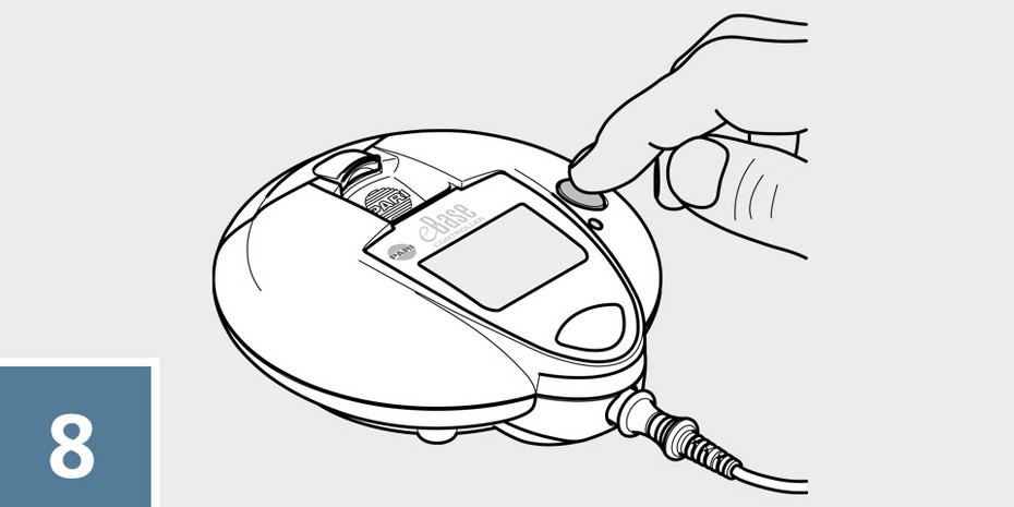 Illustration mit der Ziffer 8 zeigt eine Hand, die den Controller des eFlow rapid über eine Taste einschaltet.
