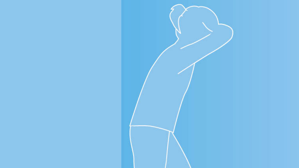 Schematische Darstellung eines Menschen, der sich stehend mit dem Kopf gegen die Wand lehnt und den Kopf auf den Armen abstützt