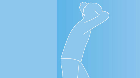 Schematische Darstellung eines Menschen, der sich stehend mit dem Kopf gegen die Wand lehnt und den Kopf auf den Armen abstützt