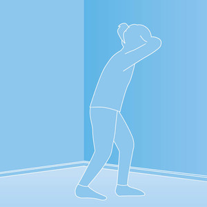 Schematische Darstellung eines Menschen, der sich stehend mit dem Kopf gegen die Wand lehnt und den Kopf auf den Armen abstützt